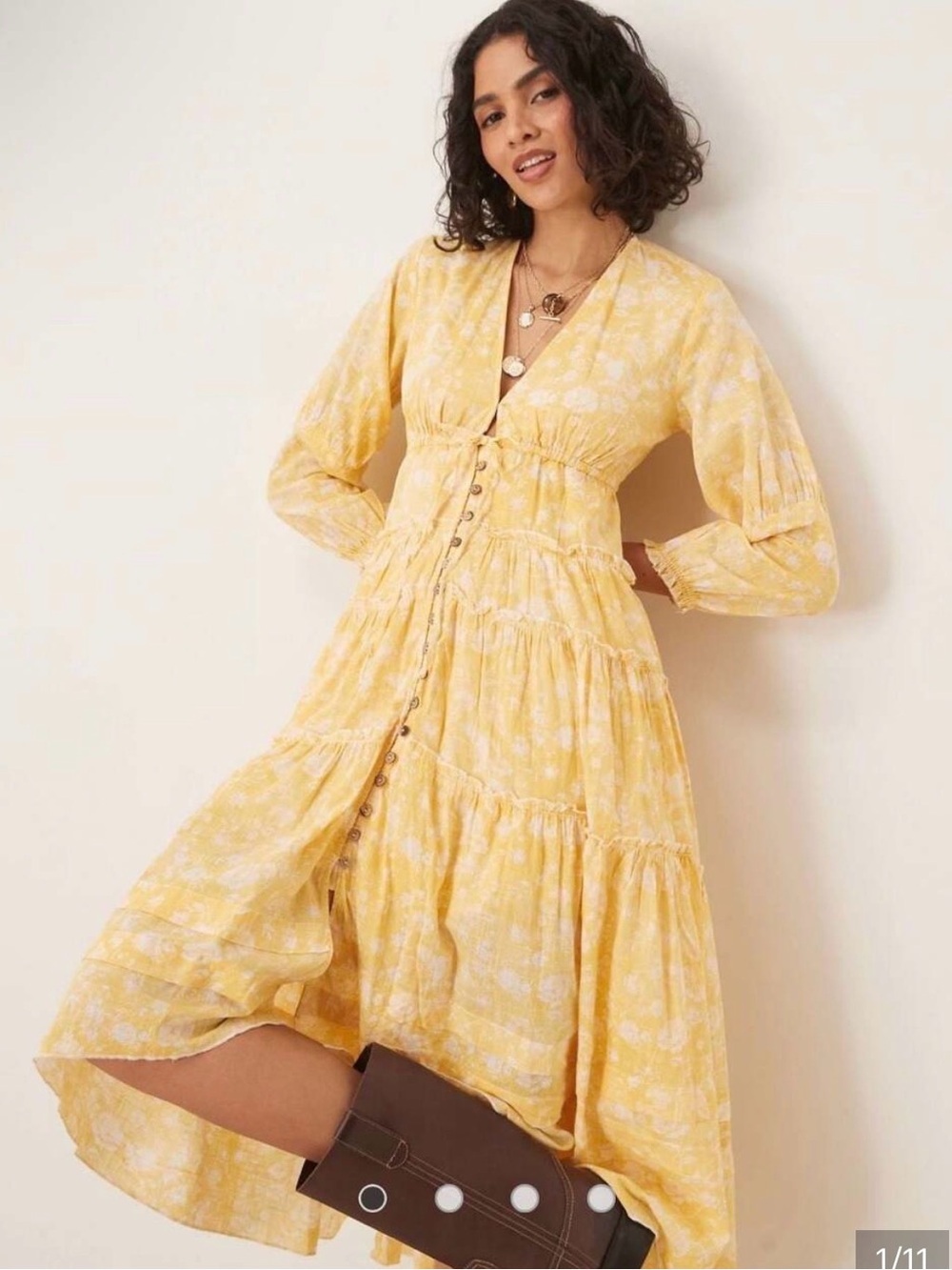 Free People Yellow Floral Tiered Button-Front Maxi Dress “Sunshine Combo”